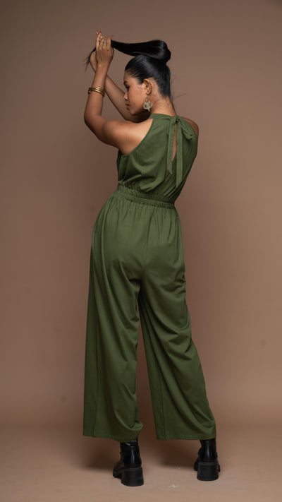 Glam Halter Jumpsuit in Olive Green