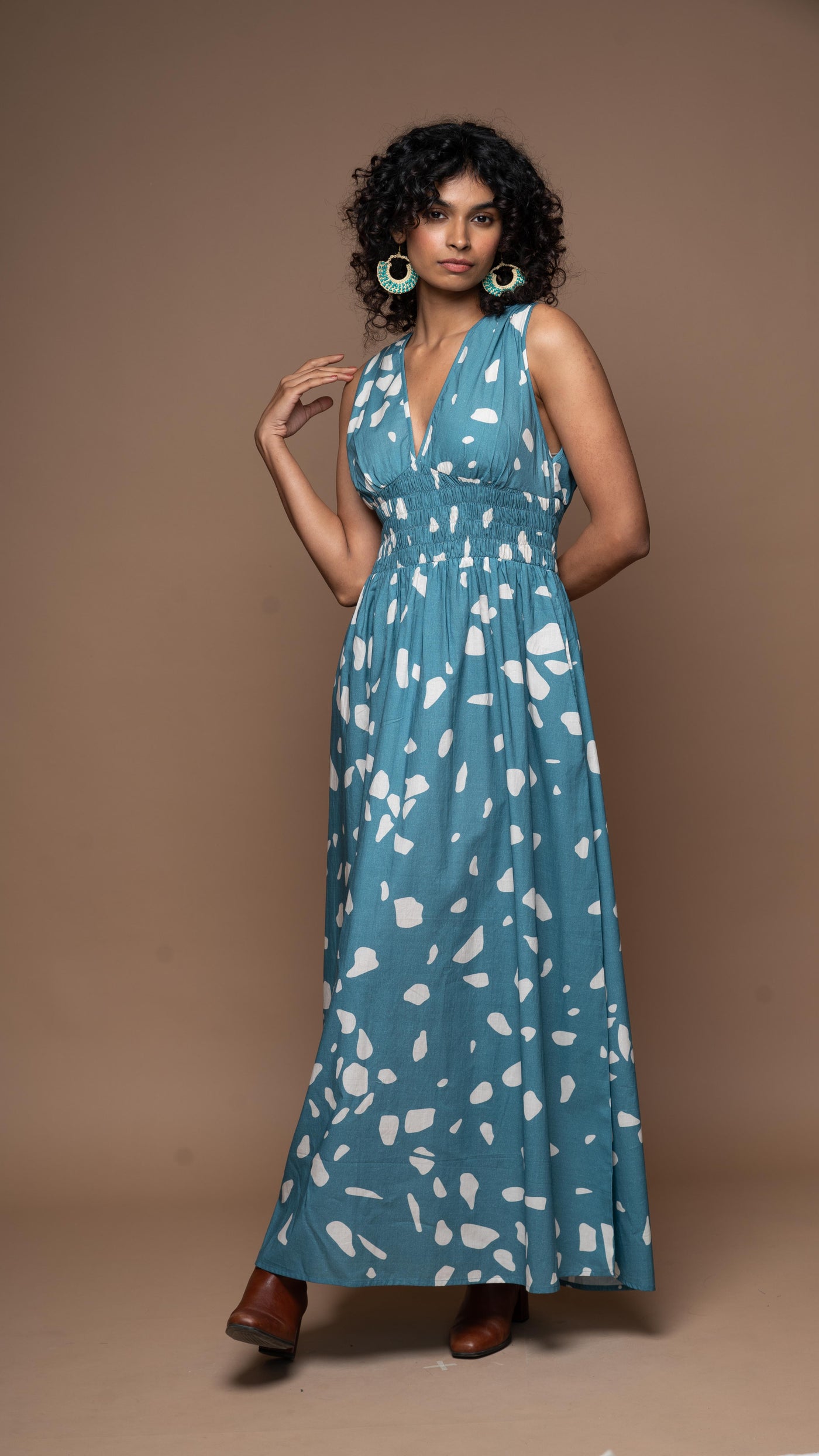 Daring Depths Long Boho Dress in Terrazzo Love Pattern