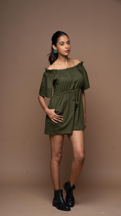 Off-Shoulder Charm Jumpsuit in Olive Green