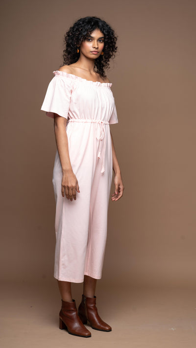 Off-Shoulder Charm Jumpsuit in Soft Pink