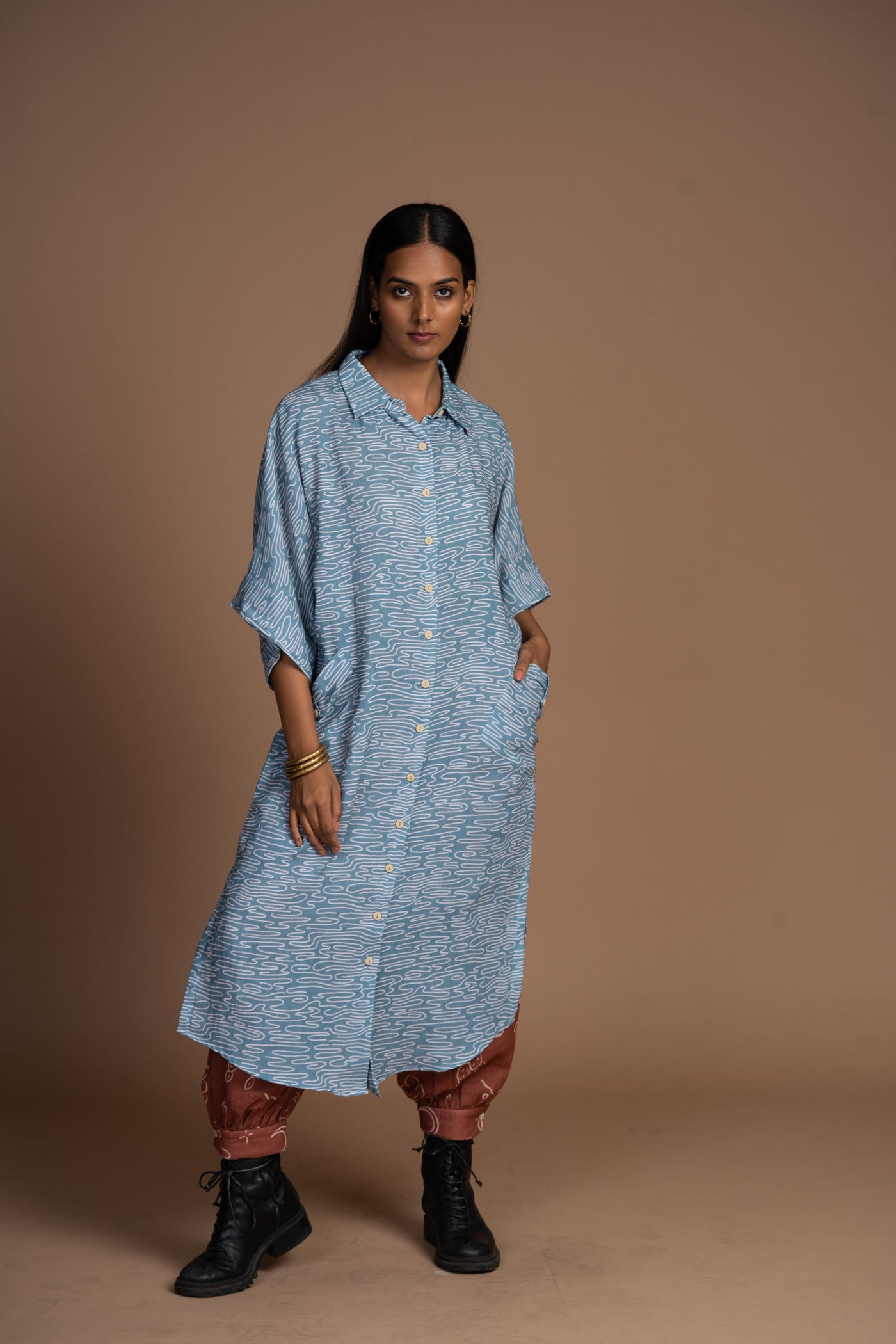 Dusty Blue Zena Kurta in Road not taken Pattern