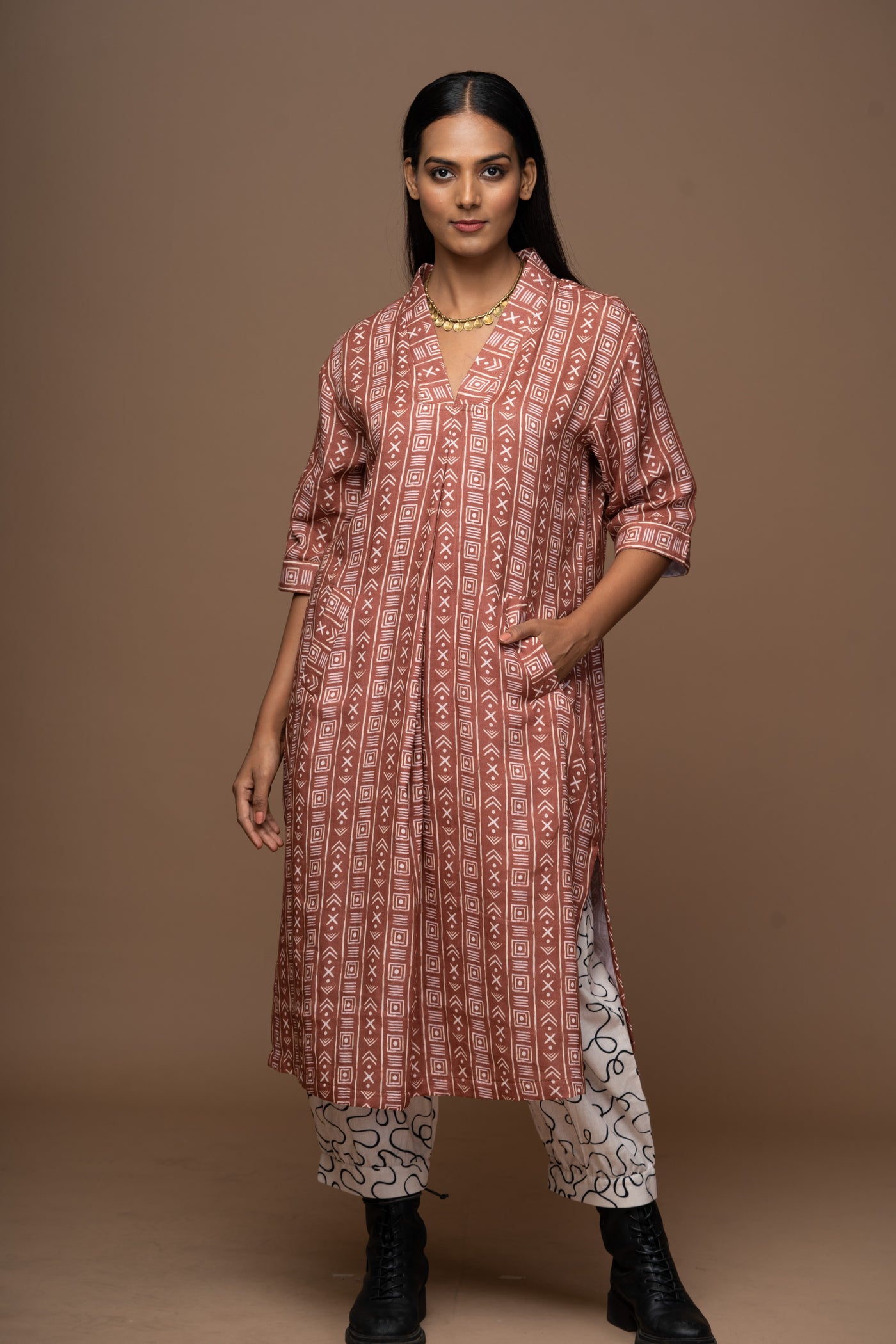 Rust Luma Kurta in Geometry Calling Pattern