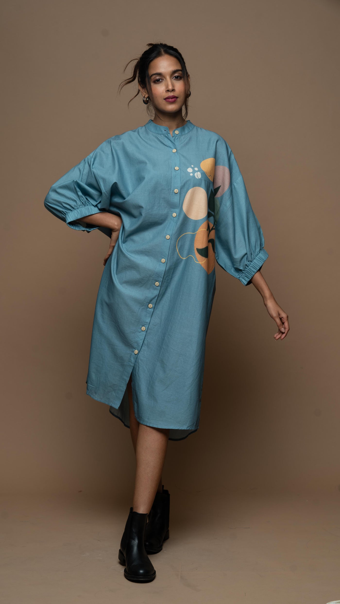 Dusky Blue Mystic Leaf Shirt Dress