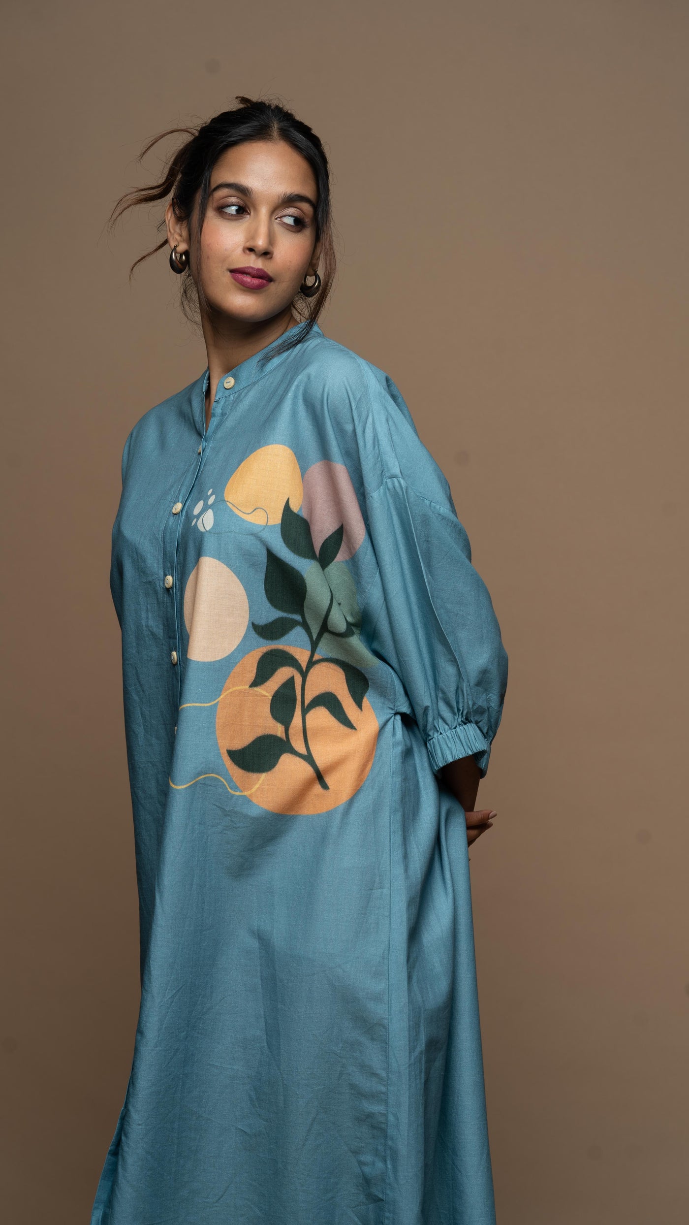 Dusky Blue Mystic Leaf Shirt Dress