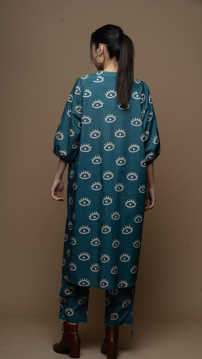 Muted Blue Saara Co-ord Kurta Set in See the Sea Pattern