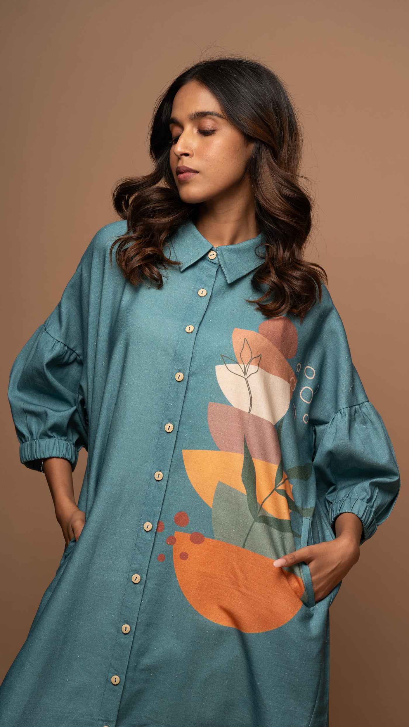 Muted Blue Semicircle Stacks Shirt Dress