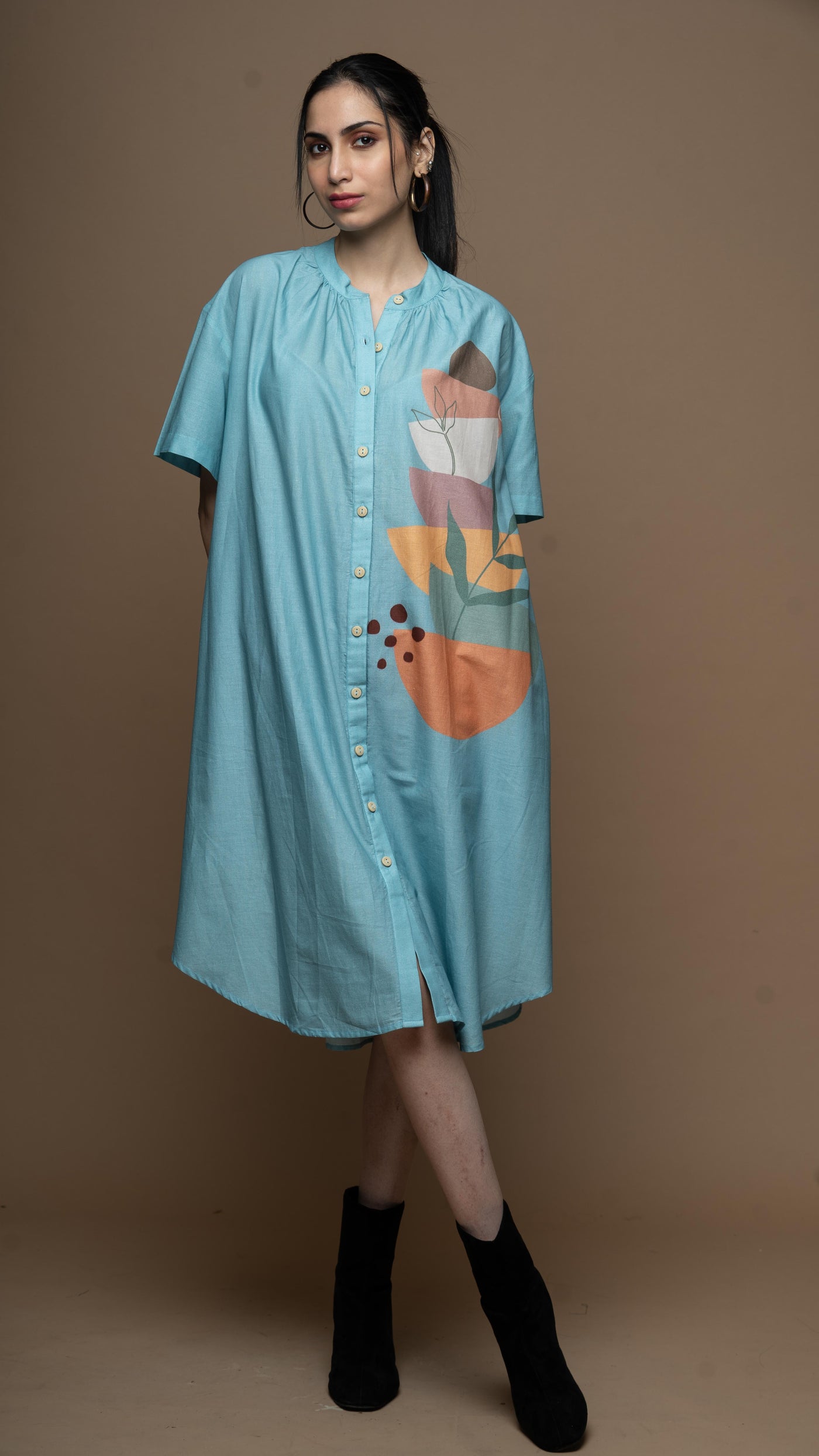 Soft Blue Semicircle Stacks Shirt Dress