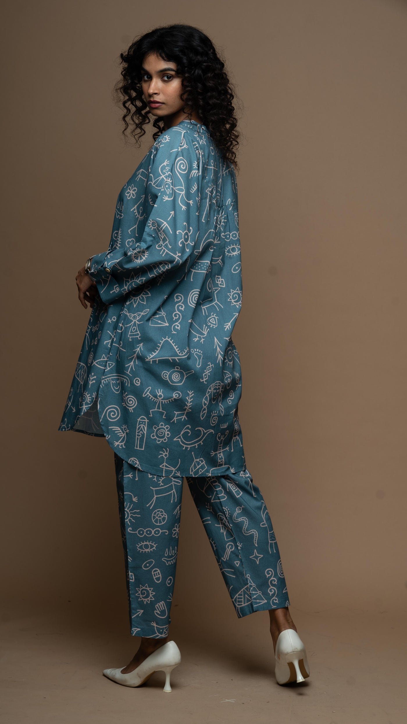 Muted Blue Myra Co-ord Kurta Set in In our cave Pattern