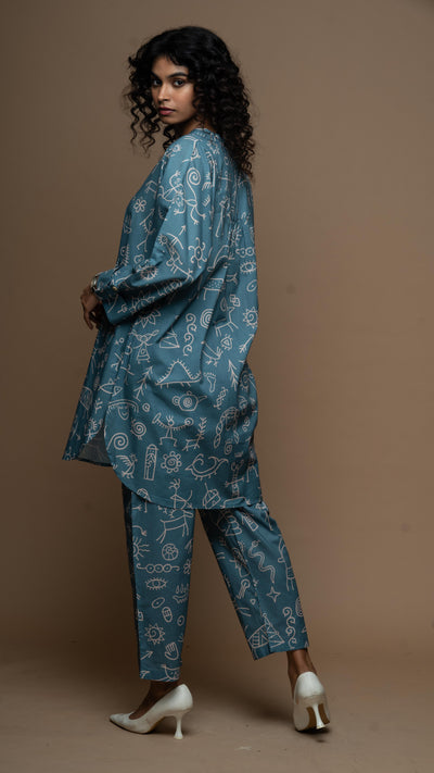 Muted Blue Myra Co-ord Kurta Set in In our cave Pattern