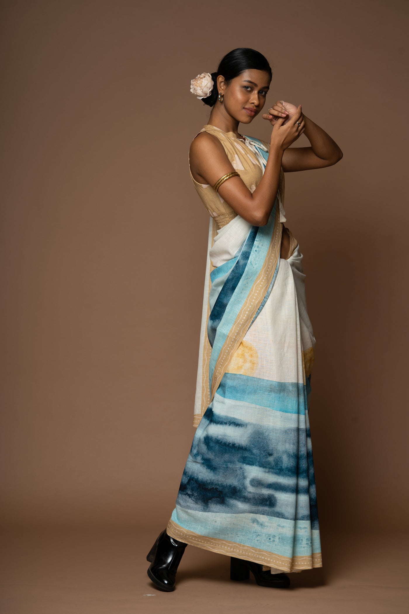 Sunlit Waves Linen Sari