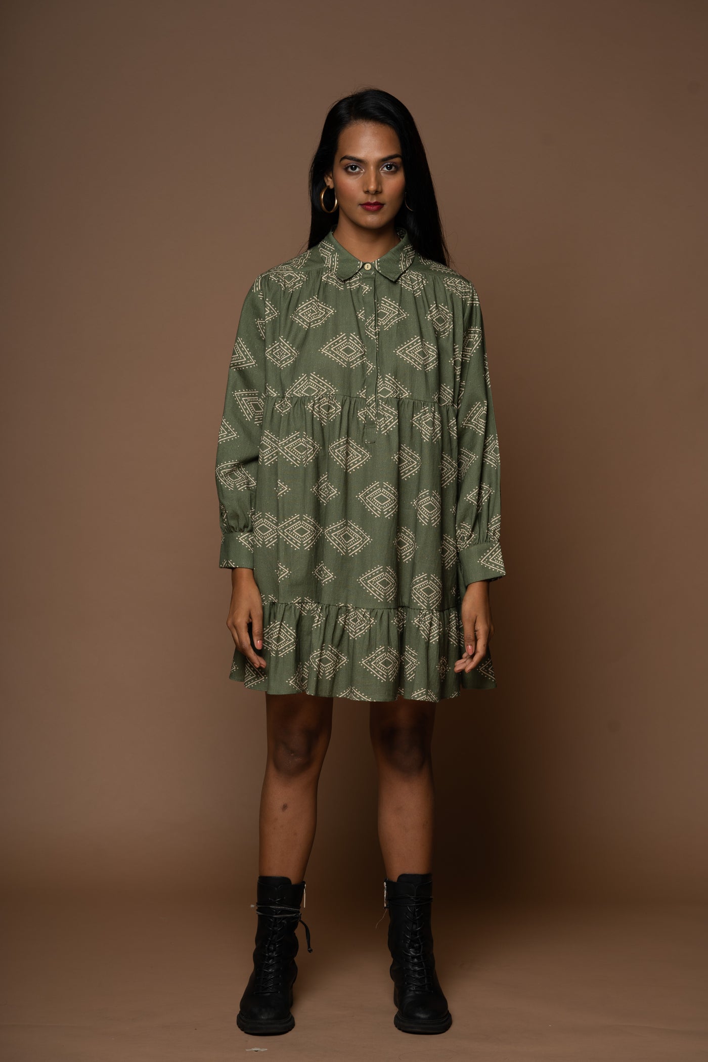 Collar Craze Short Boho Shirt Dress in Diamonds of Bohemia Pattern