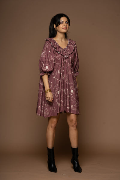 Mystic Frill Short Boho Dress in Caturday Pattern