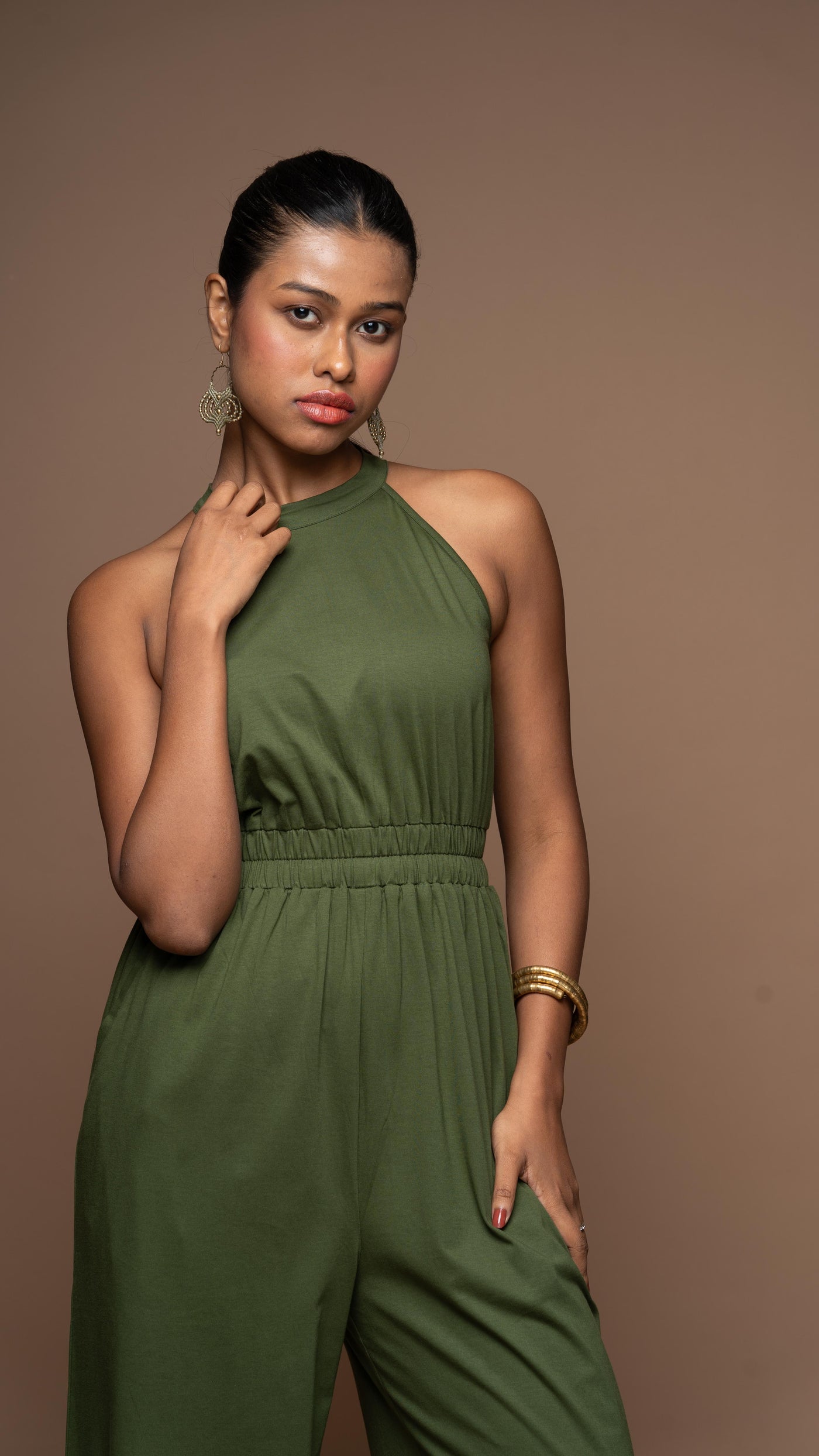 Glam Halter Jumpsuit in Olive Green