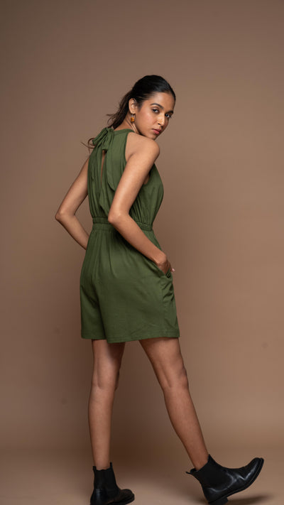 Glam Halter Jumpsuit in Olive Green