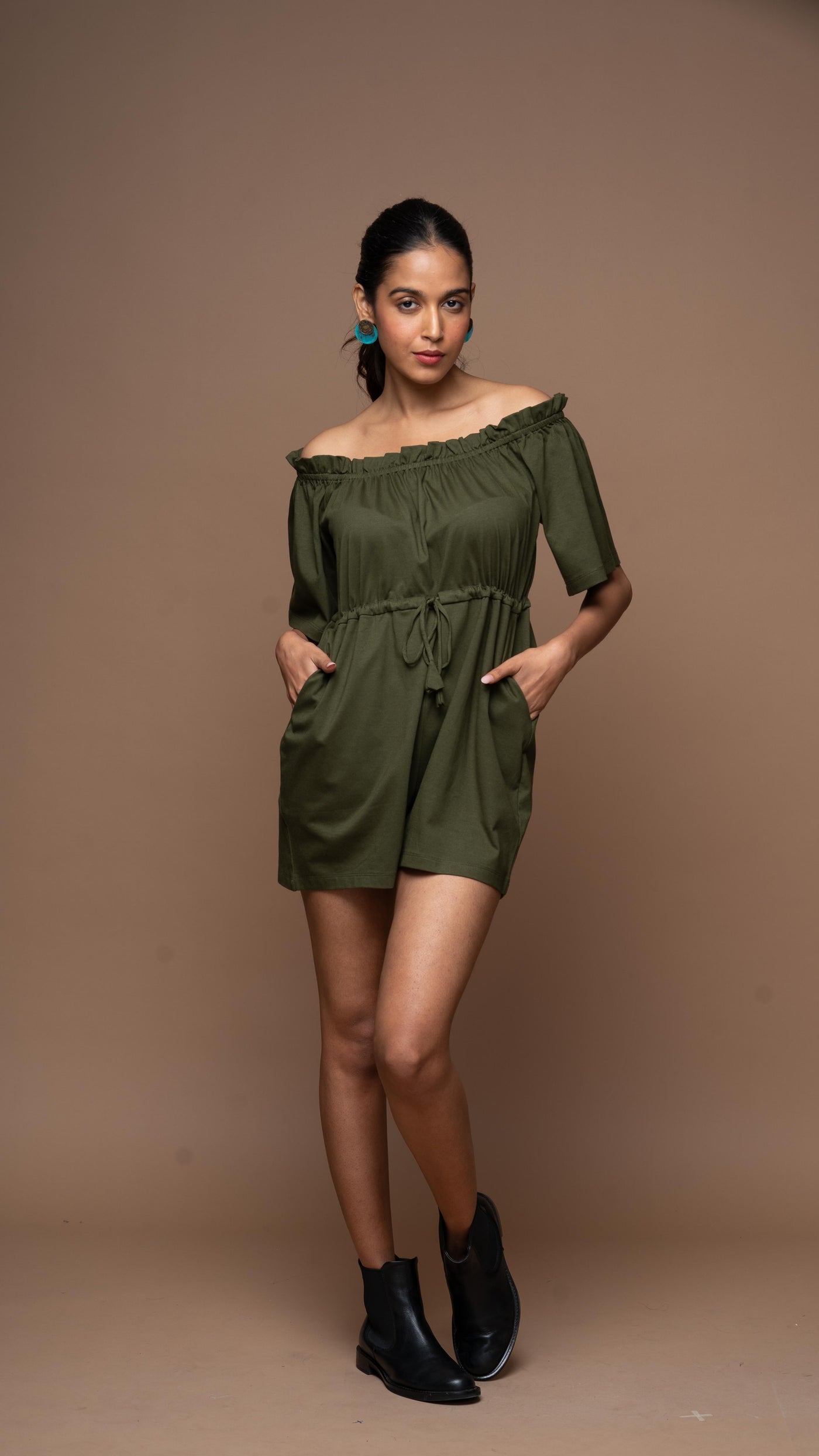 Off-Shoulder Charm Jumpsuit in Olive Green