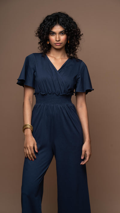 Chic Crossover Jumpsuit in Navy Blue