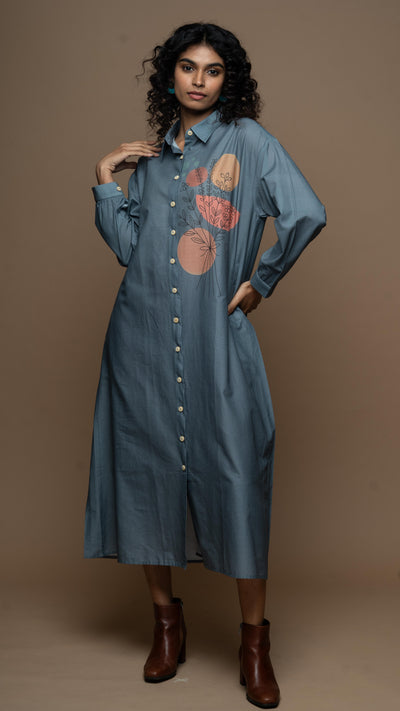 Soothing Gray Floral Whispers Shirt Dress