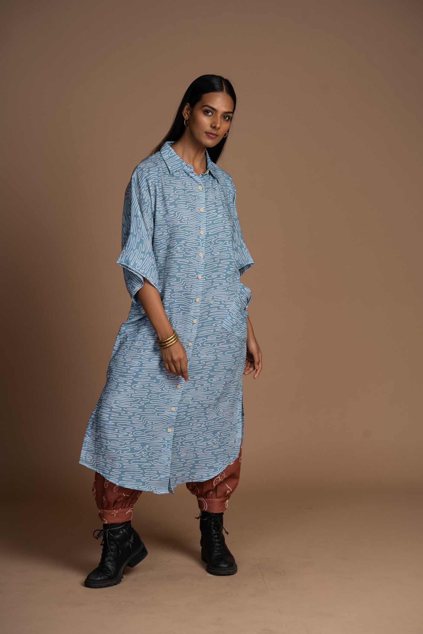 Dusty Blue Zena Kurta in Road not taken Pattern