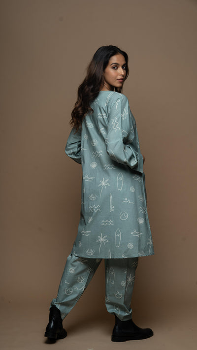 Sage Sana Co-ord Kurta Set in Sound of the sea shells Pattern