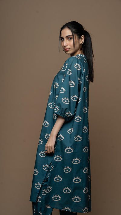 Muted Blue Saara Co-ord Kurta Set in See the Sea Pattern