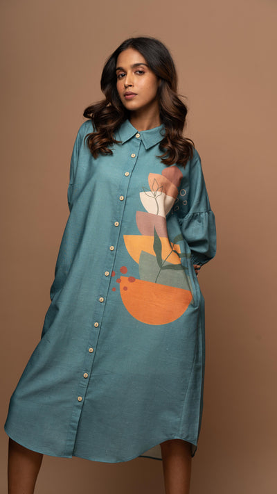 Muted Blue Semicircle Stacks Shirt Dress