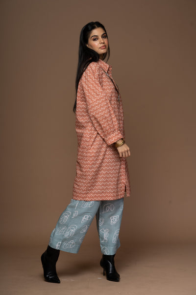 Terracotta Saga Kurta in Zig Zag and Back Pattern