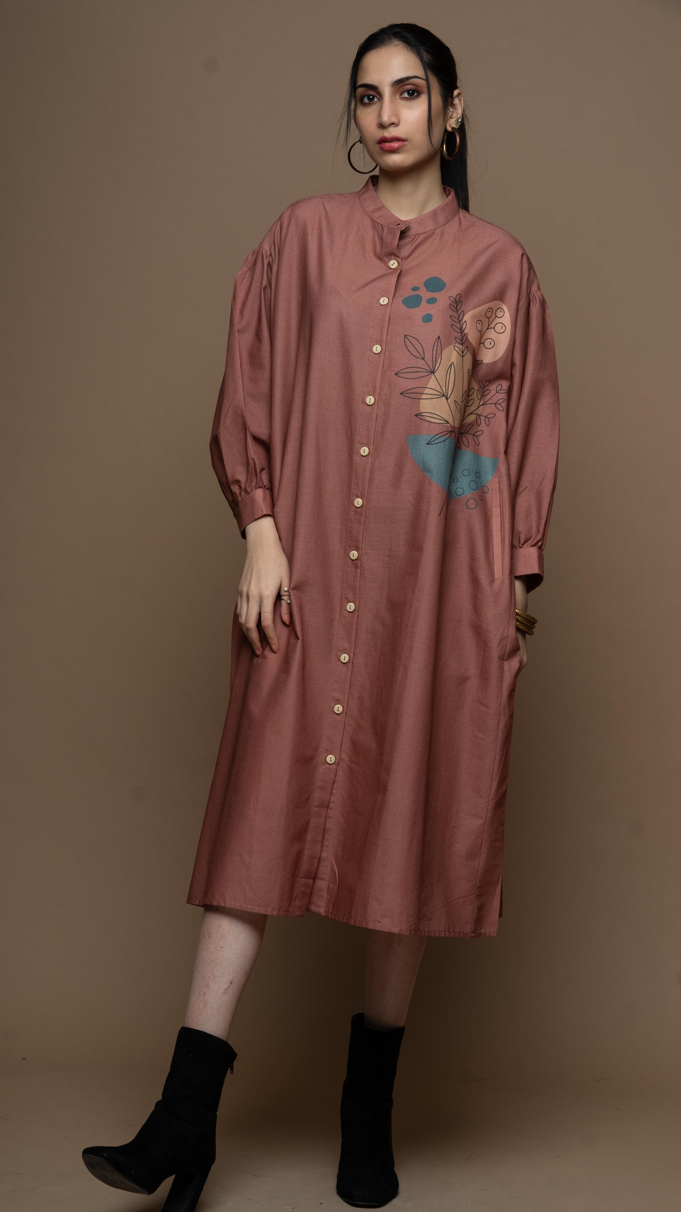 Muted Desert Rose Leafy Elegance Shirt Dress