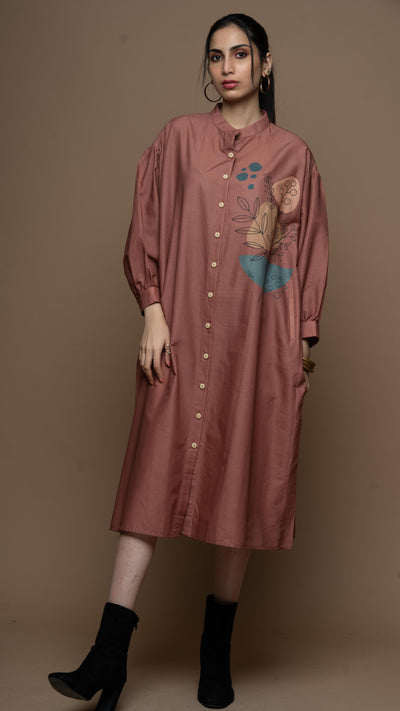 Muted Desert Rose Leafy Elegance Shirt Dress