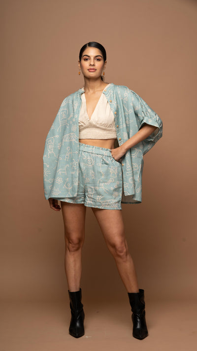 Dusty Blue Bliss Co-ord Shorts Set in In our cave Pattern