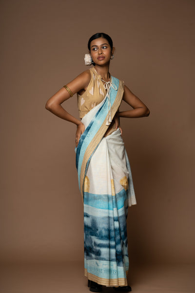 Sunlit Waves Linen Sari