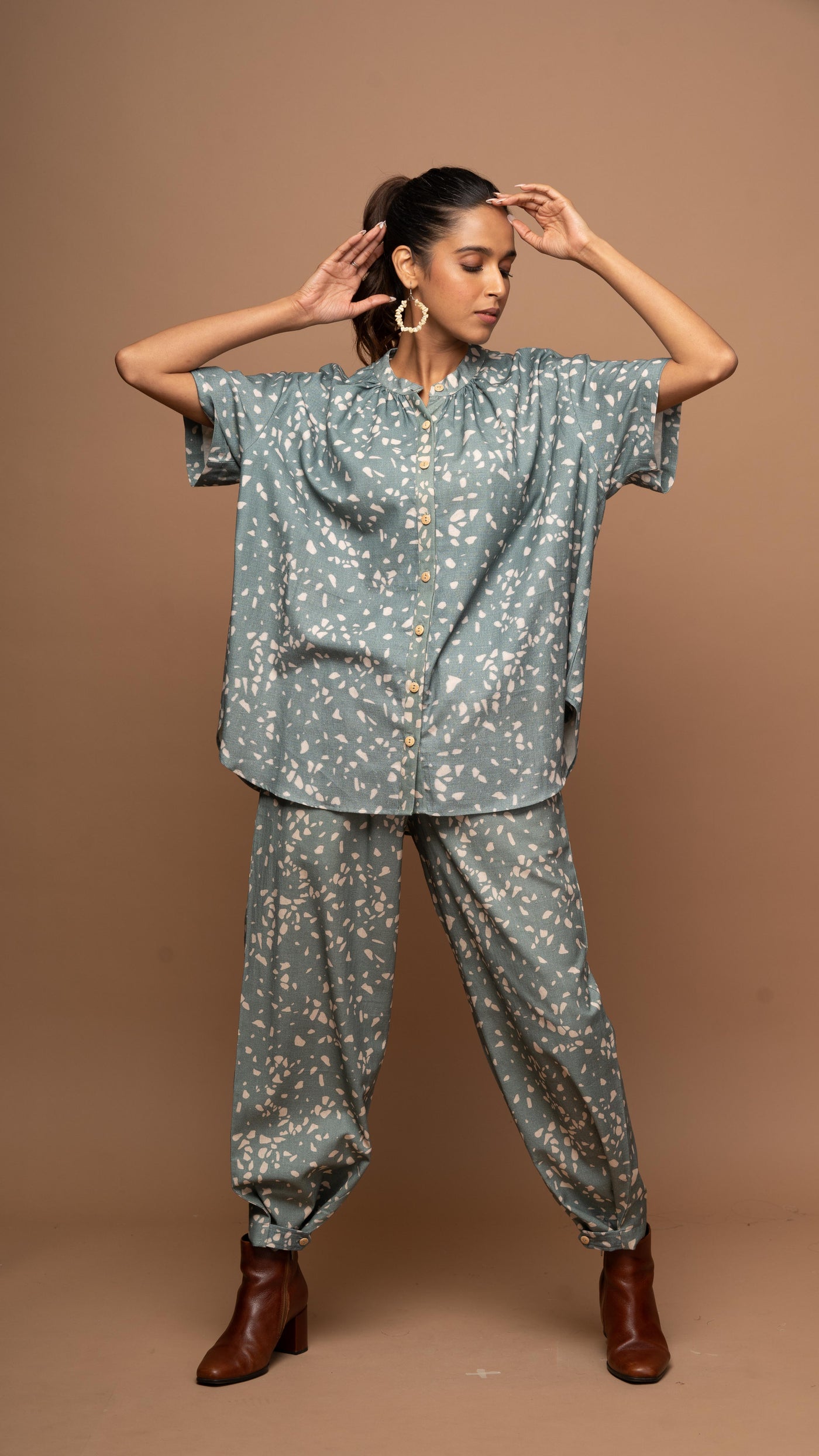 Dark Sage Zest Co-ord Pants Set in Terrazzo Love Pattern