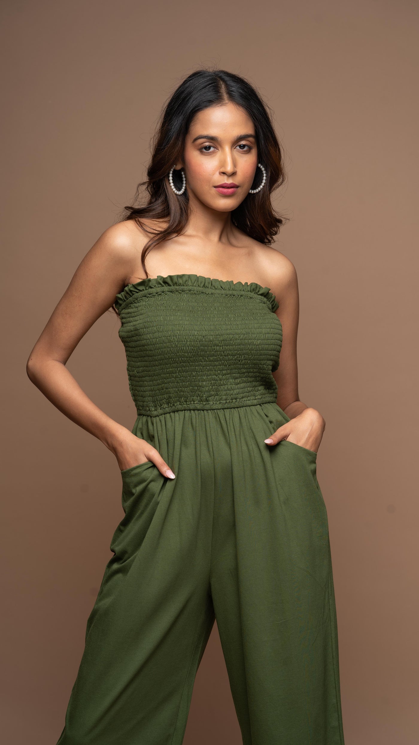 Strapless Vibe Jumpsuit in Olive Green