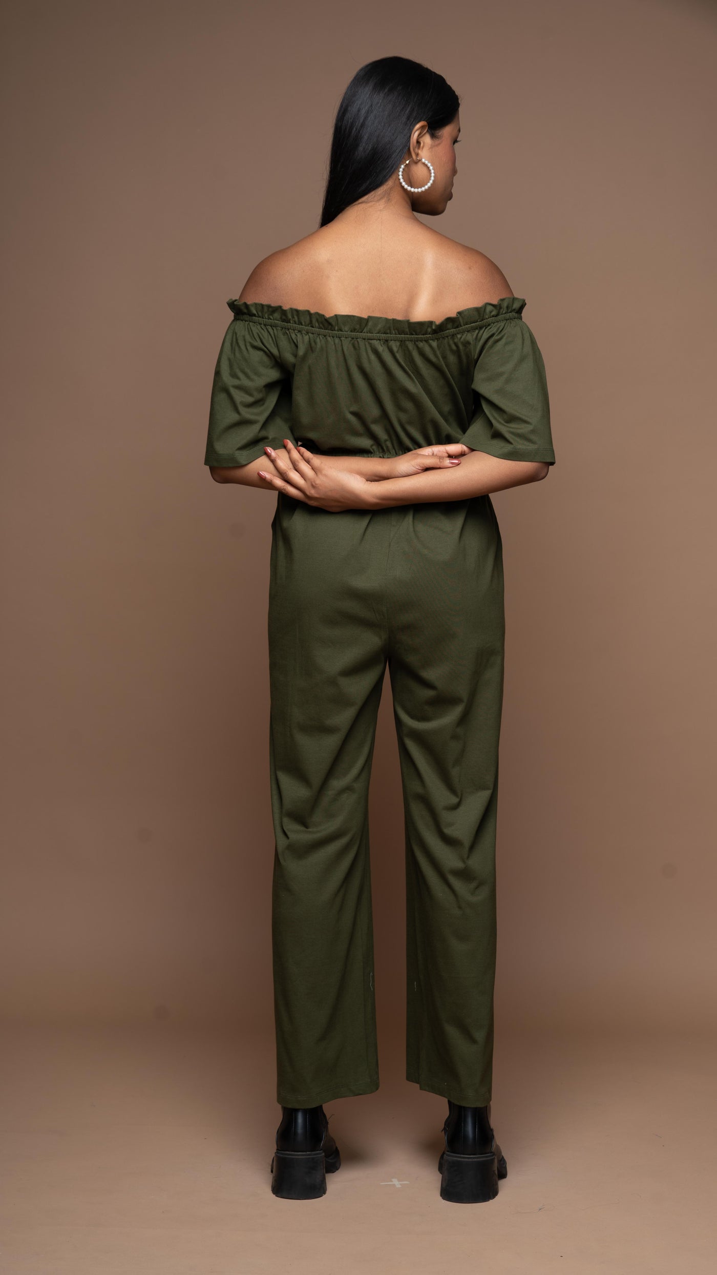 Off-Shoulder Charm Jumpsuit in Olive Green