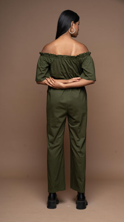 Off-Shoulder Charm Jumpsuit in Olive Green