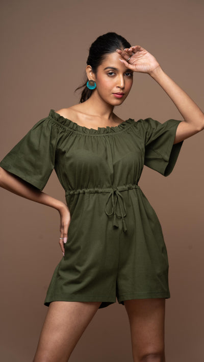 Off-Shoulder Charm Jumpsuit in Olive Green