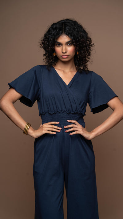 Chic Crossover Jumpsuit in Navy Blue