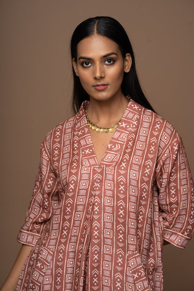 Rust Luma Kurta in Geometry Calling Pattern