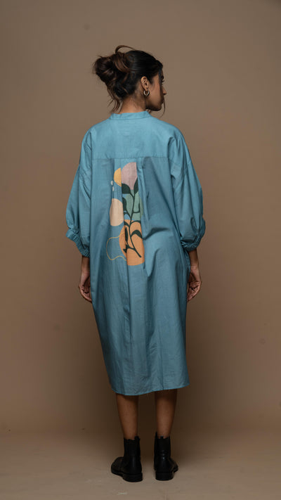 Dusky Blue Mystic Leaf Shirt Dress