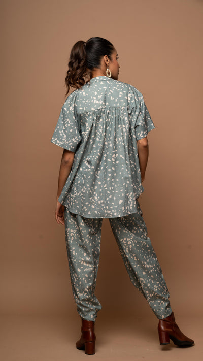 Dark Sage Zest Co-ord Pants Set in Terrazzo Love Pattern