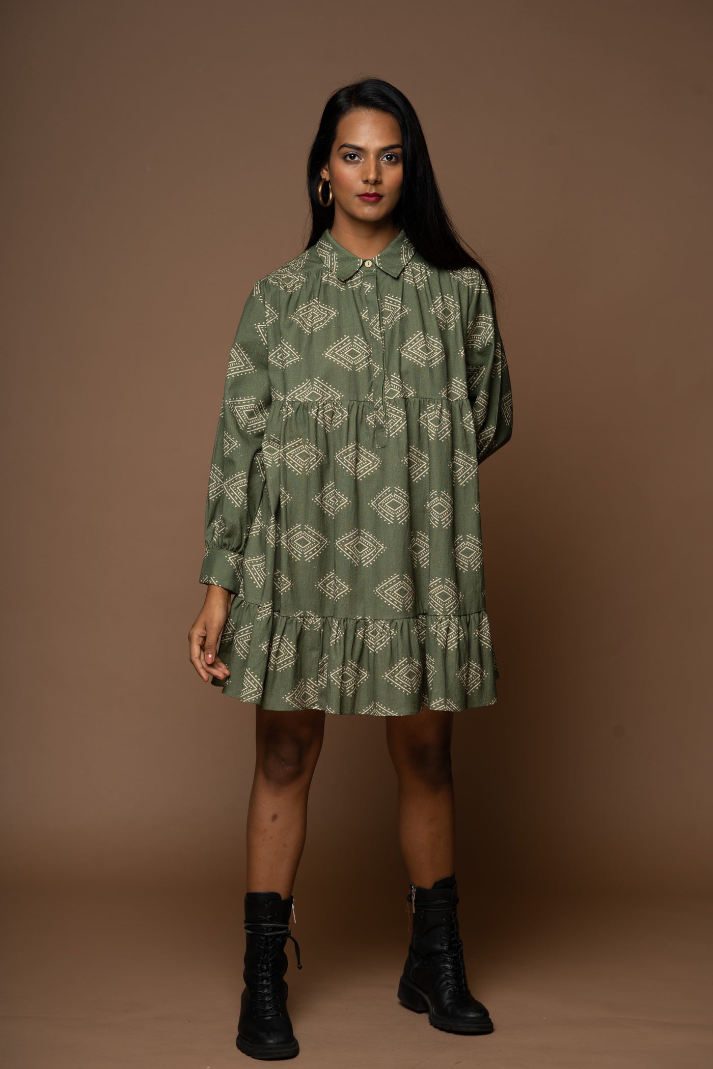 Collar Craze Short Boho Shirt Dress in Diamonds of Bohemia Pattern