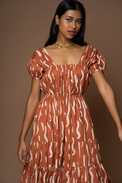 Ruffled Radiance Midi Dress in Gentle Smoke Squiggles Pattern