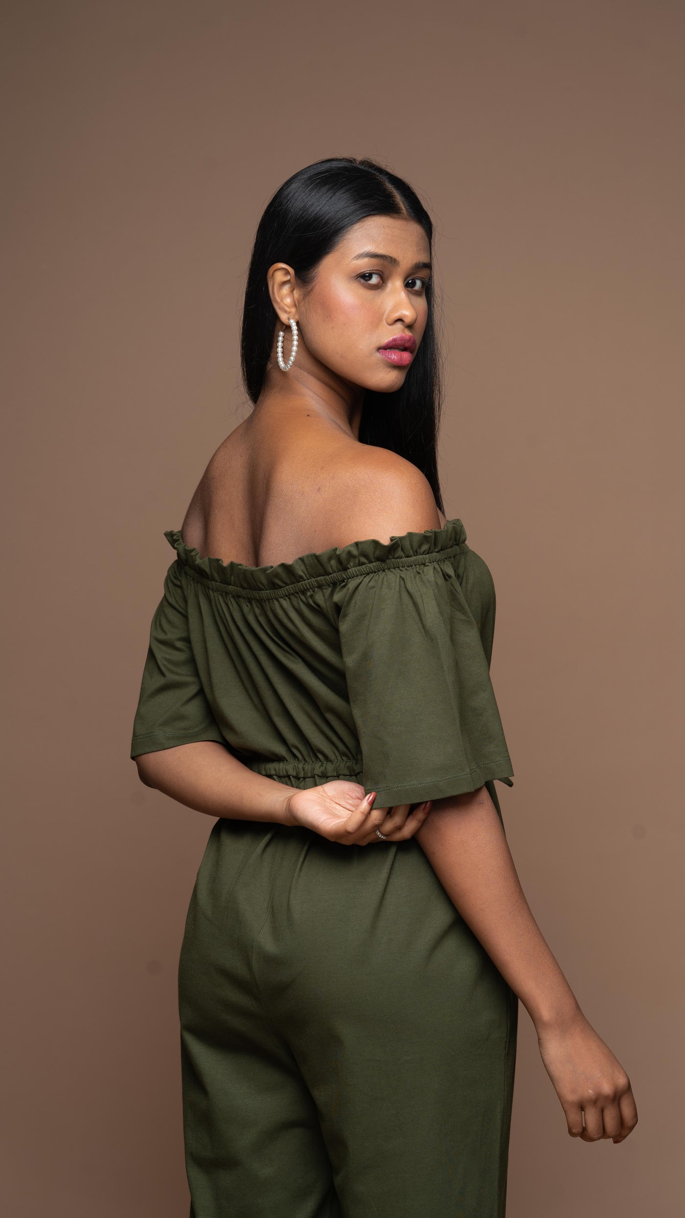 Off-Shoulder Charm Jumpsuit in Olive Green