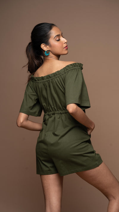 Off-Shoulder Charm Jumpsuit in Olive Green