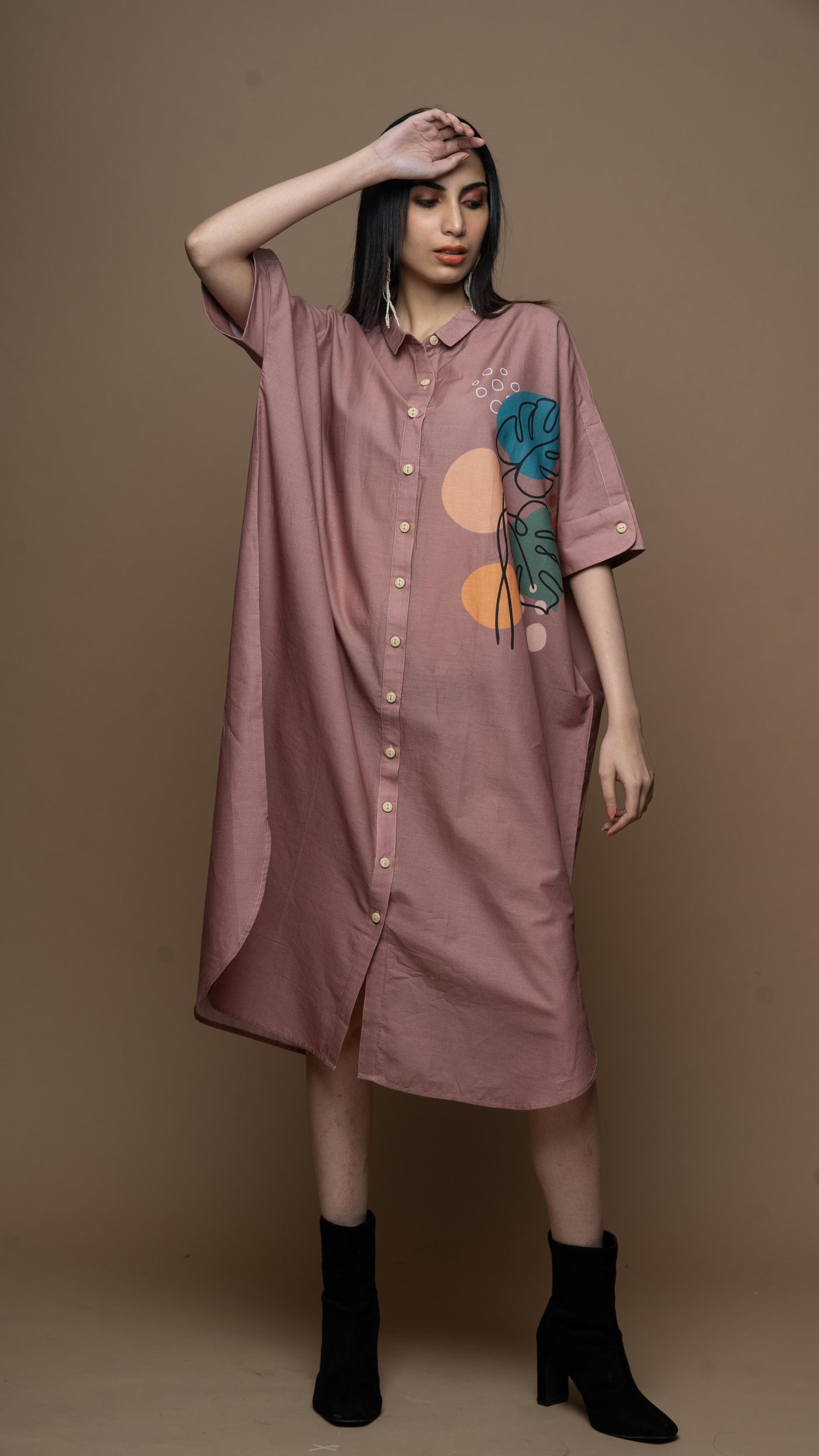 Muted Mauve Leafy Loft Shirt Dress