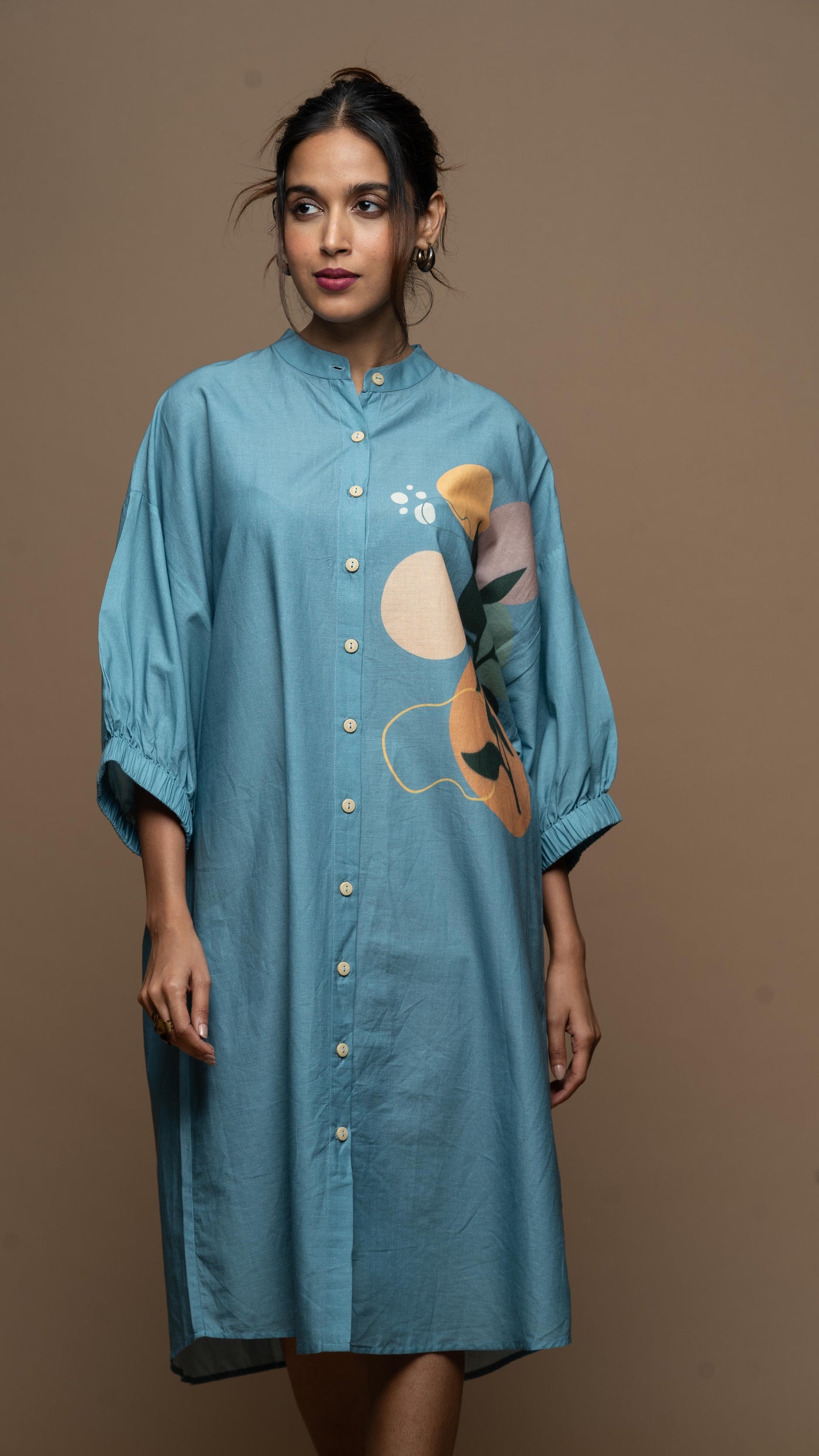 Dusky Blue Mystic Leaf Shirt Dress