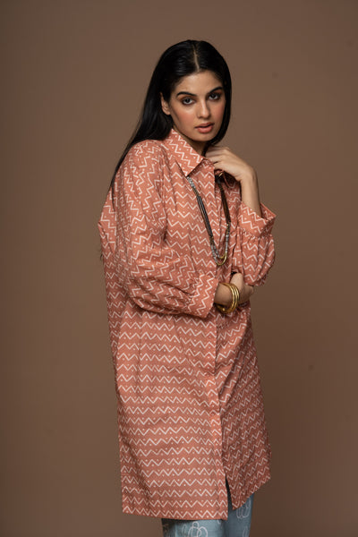 Terracotta Saga Kurta in Zig Zag and Back Pattern