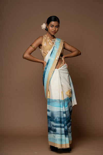 Sunlit Waves Linen Sari