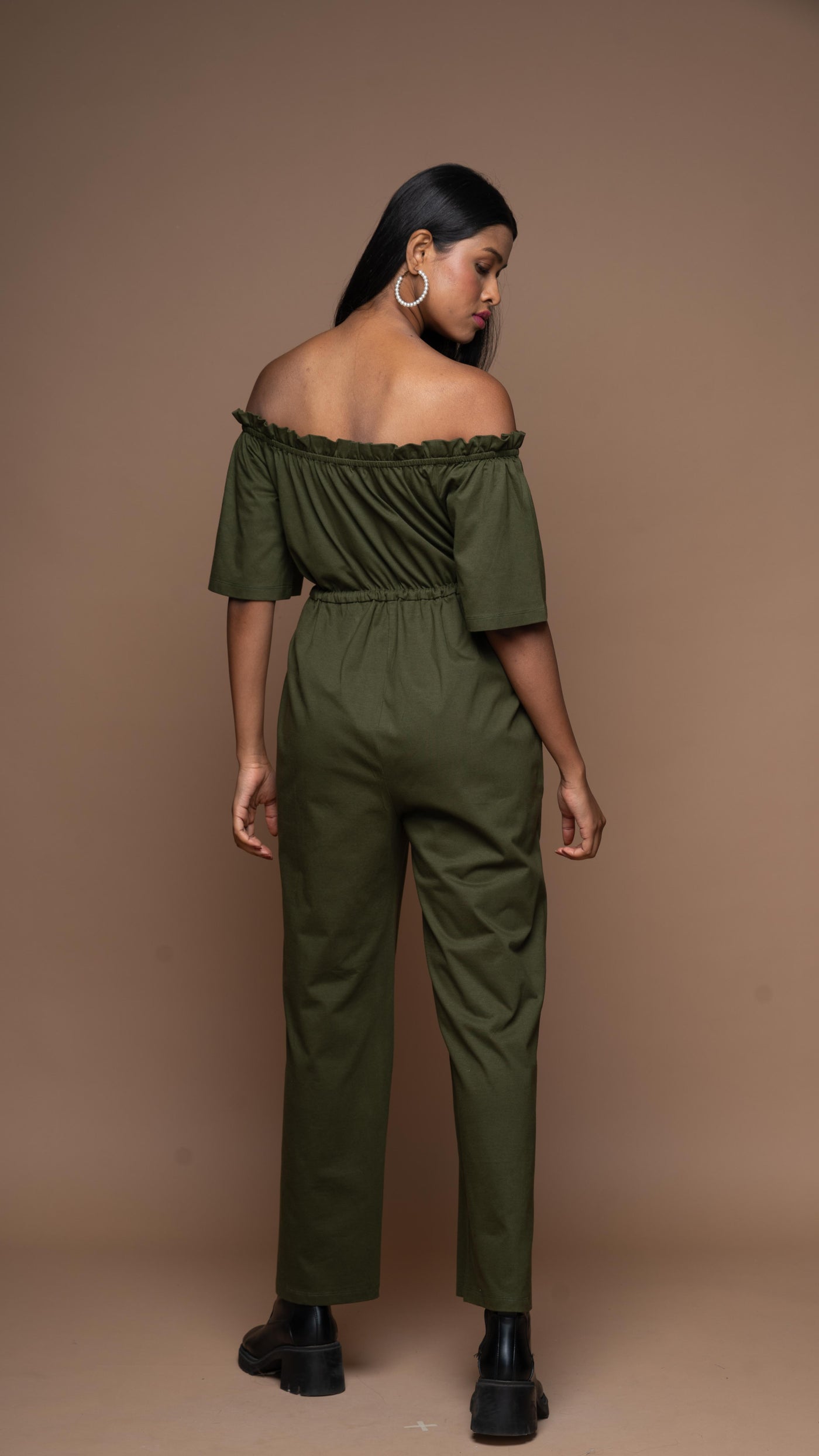 Off-Shoulder Charm Jumpsuit in Olive Green