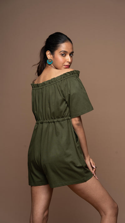 Off-Shoulder Charm Jumpsuit in Olive Green