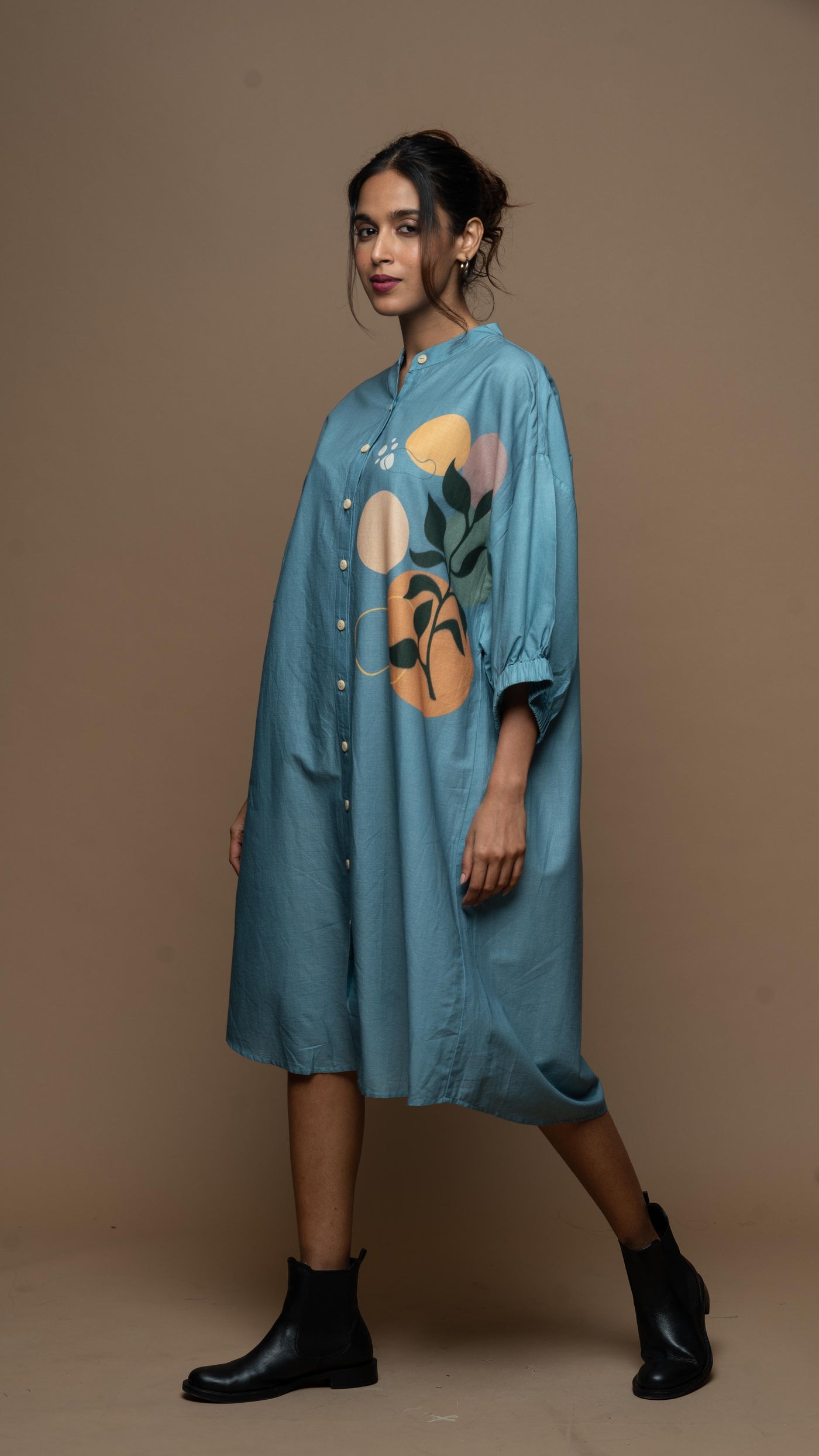 Dusky Blue Mystic Leaf Shirt Dress